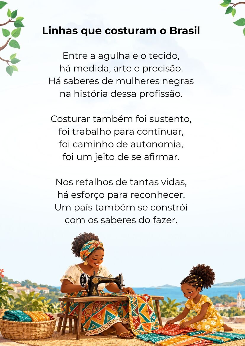 Poema Linhas que costuram o Brasil, com uma mulher negra na máquina de costura e uma menina organizando tecidos.